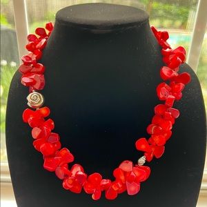 GENUINE RED CORAL NECKLACE WITH FINE SILVER SHELLS AND TOGGLE IS NWT